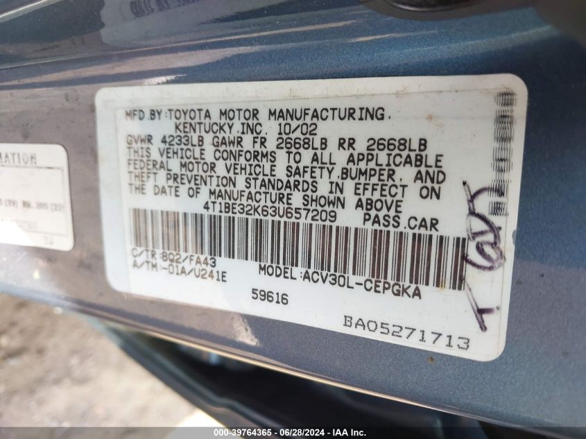 2003 Toyota Camry Xle VIN: 4T1BE32K63U657209 Lot: 39764365