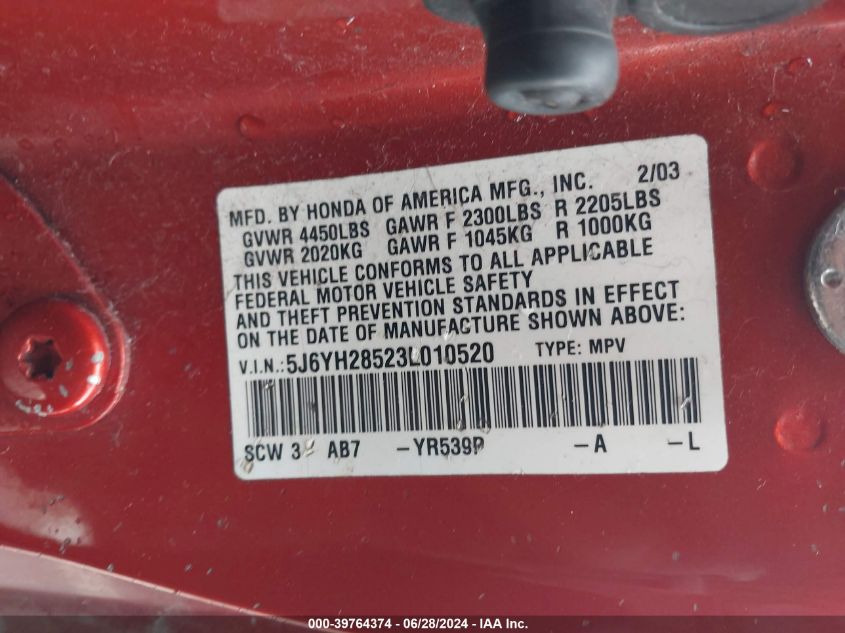 2003 Honda Element Ex VIN: 5J6YH28523L010520 Lot: 39764374