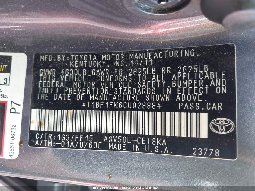 2012 Toyota Camry Se VIN: 4T1BF1FK6CU028884 Lot: 39764388