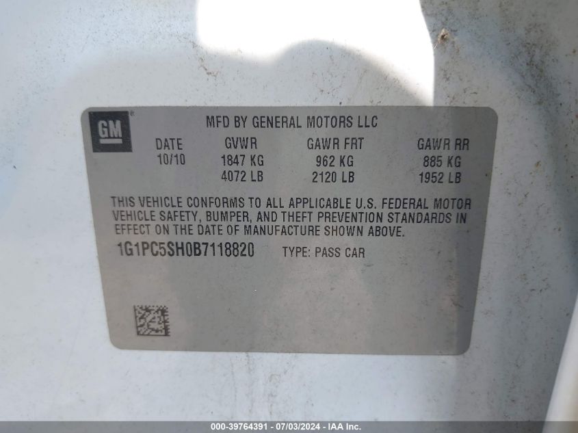 2011 Chevrolet Cruze Ls VIN: 1G1PC5SH0B7118820 Lot: 39764391