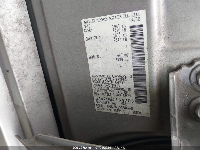 2010 Nissan Altima 2.5 S VIN: 1N4AL2AP6AC154205 Lot: 39764401