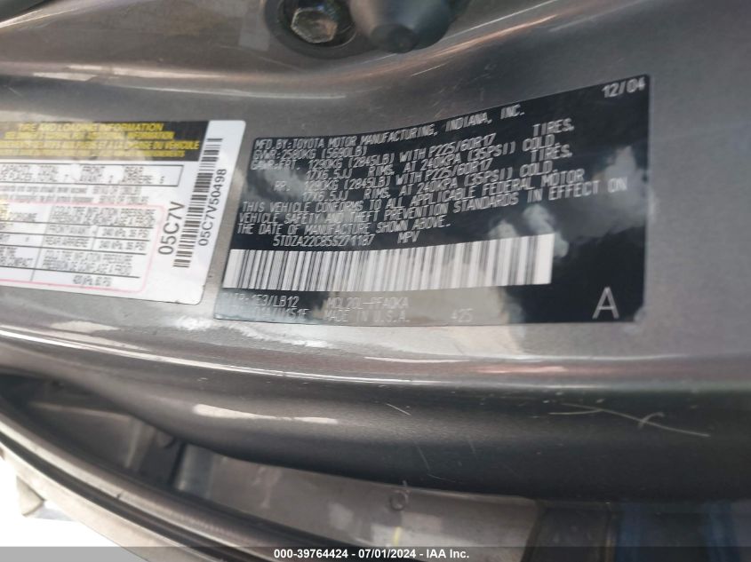 2005 Toyota Sienna Xle VIN: 5TDZA22C85S271187 Lot: 39764424