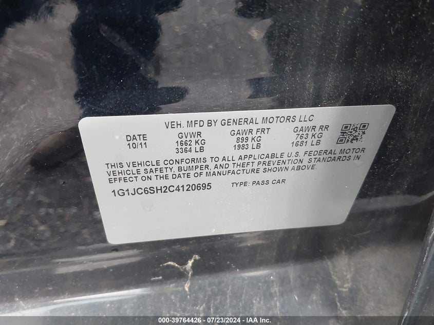 2012 Chevrolet Sonic Lt VIN: 1G1JC6SH2C4120695 Lot: 39764426