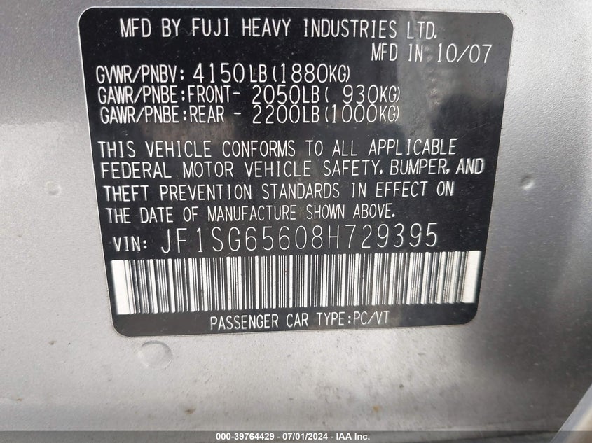 2008 Subaru Forester 2.5X VIN: JF1SG65608H729395 Lot: 39764429