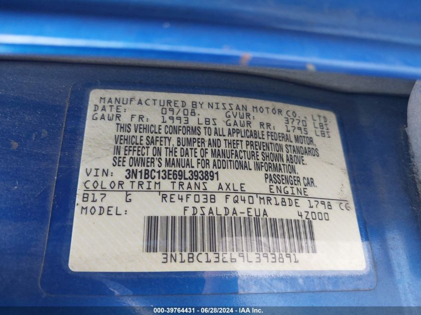 2009 Nissan Versa 1.8S VIN: 3N1BC13E69L393891 Lot: 39764431