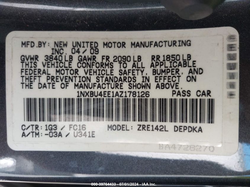 2010 Toyota Corolla Le VIN: 1NXBU4EE1AZ178126 Lot: 39764433