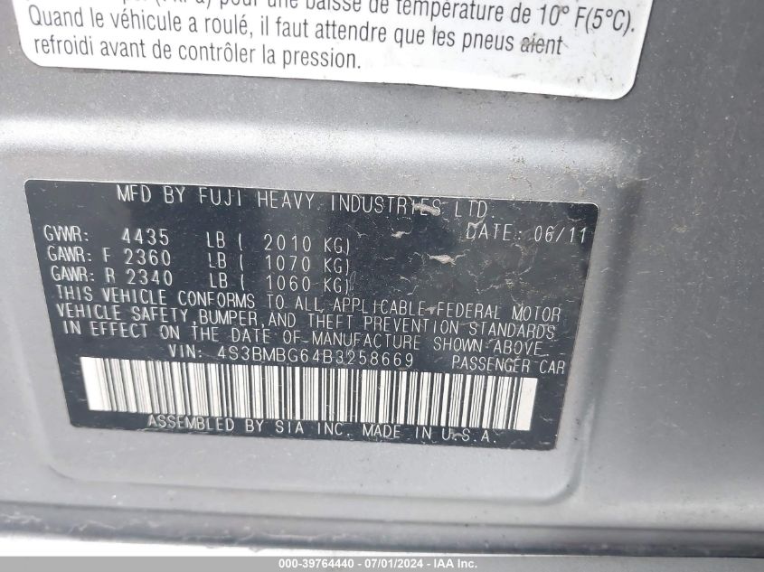 2011 Subaru Legacy 2.5I Premium VIN: 4S3BMBG64B3258669 Lot: 39764440