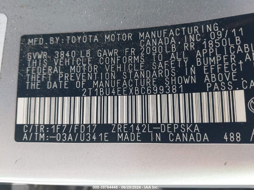 2011 Toyota Corolla S VIN: 2T1BU4EEXBC699381 Lot: 39764448