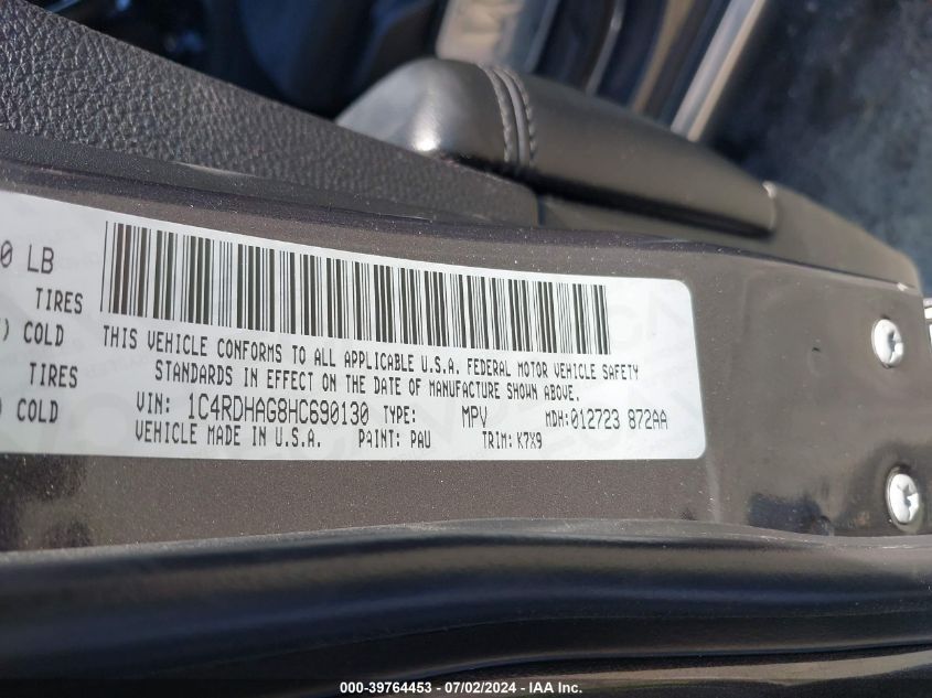 2017 Dodge Durango Sxt VIN: 1C4RDHAG8HC690130 Lot: 39764453