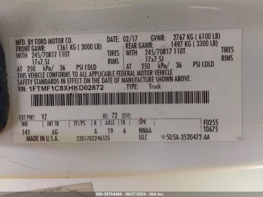 2017 Ford F-150 Xl VIN: 1FTMF1C8XHKD02872 Lot: 39764465