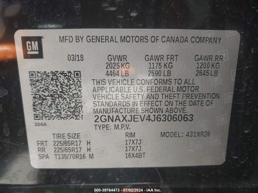 2018 Chevrolet Equinox Lt VIN: 2GNAXJEV4J6306063 Lot: 39764473