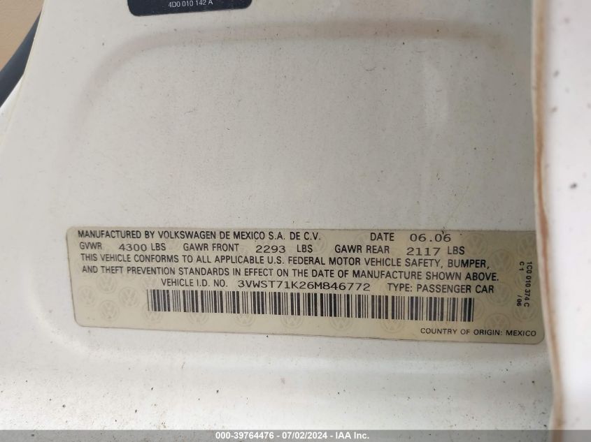 2006 Volkswagen Jetta Tdi VIN: 3VWST71K26M846772 Lot: 39764476