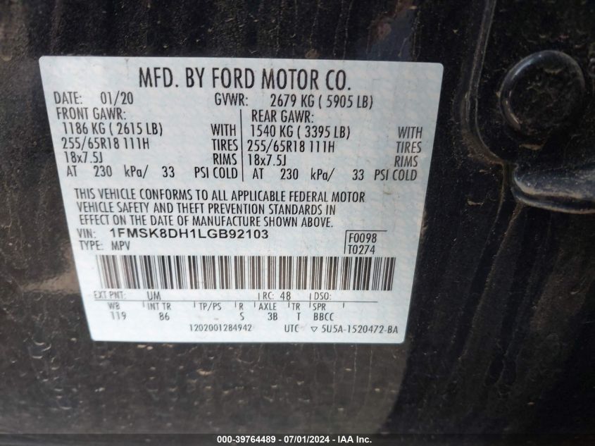 2020 Ford Explorer Xlt VIN: 1FMSK8DH1LGB92103 Lot: 39764489