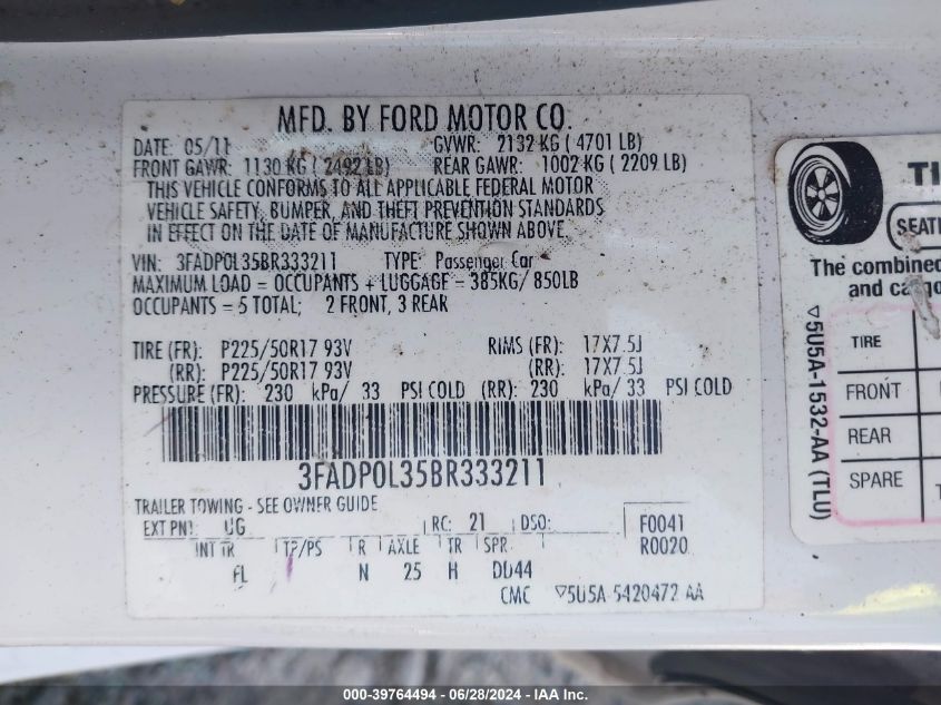 2011 Ford Fusion Hybrid Hybrid VIN: 3FADP0L35BR333211 Lot: 39764494