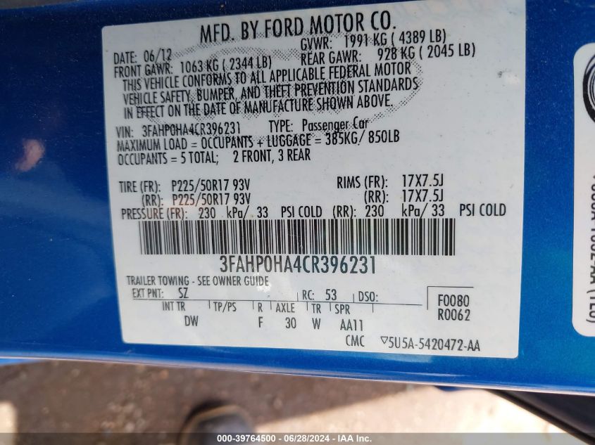 2012 Ford Fusion Se VIN: 3FAHP0HA4CR396231 Lot: 39764500