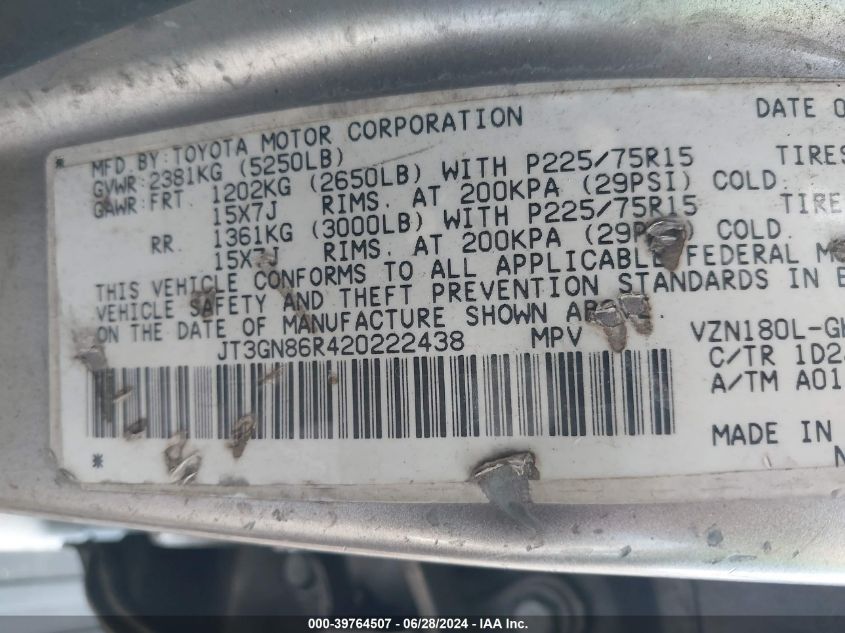 2002 Toyota 4Runner Sr5 V6 VIN: JT3GN86R420222438 Lot: 39764507