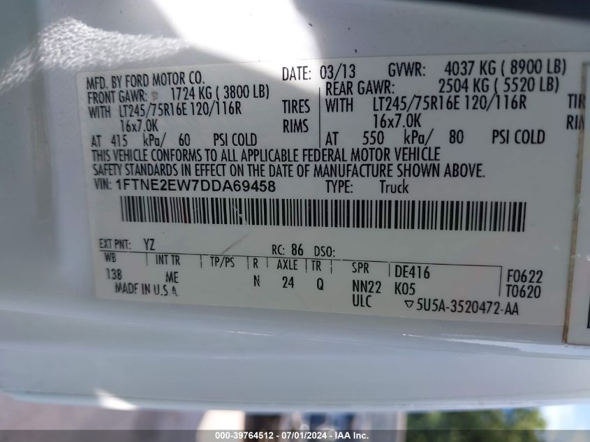 2013 Ford E-250 Commercial VIN: 1FTNE2EW7DDA69458 Lot: 39764512