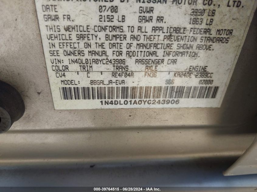 1N4DL01A0YC243906 | 2000 NISSAN ALTIMA