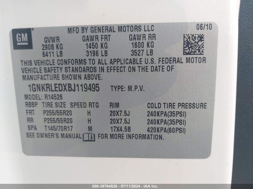 2011 Chevrolet Traverse Ltz VIN: 1GNKRLEDXBJ119495 Lot: 39764520