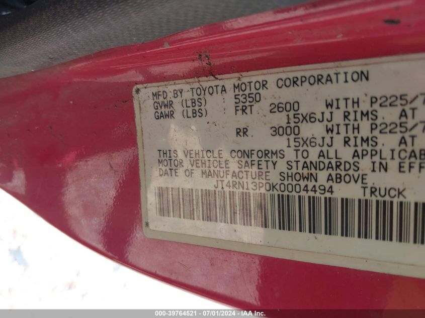 1989 Toyota Pickup 1/2 Ton Ex Lng Whlbse Dlx VIN: JT4RN13P0K0004494 Lot: 39764521