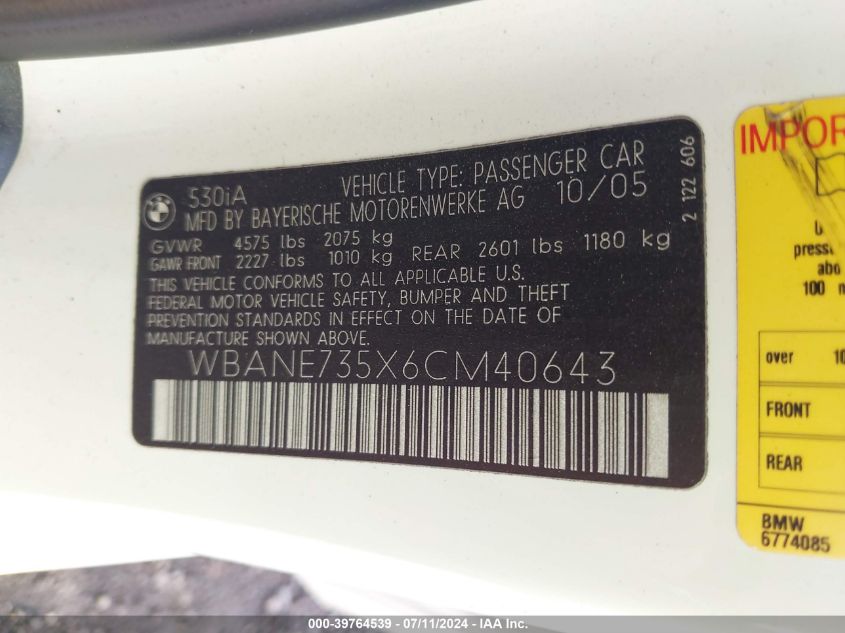 2006 BMW 530I VIN: WBANE735X6CM40643 Lot: 39764539