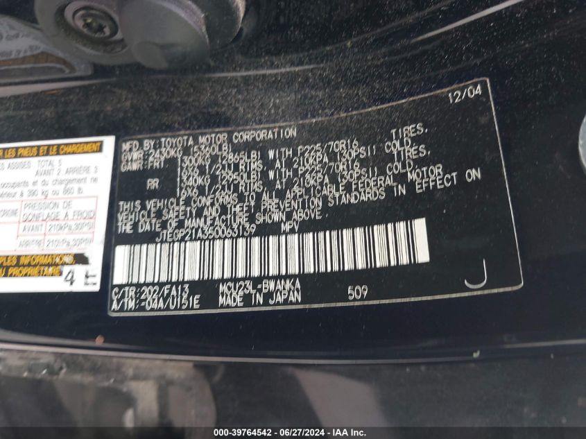 2005 Toyota Highlander V6 VIN: JTEGP21A350063139 Lot: 39764542