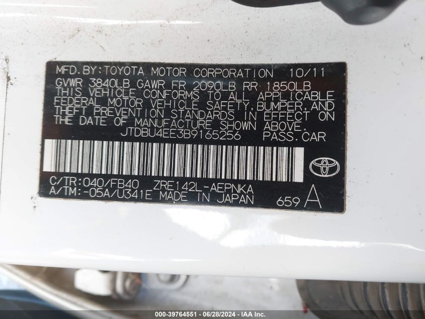 2011 Toyota Corolla Le VIN: JTDBU4EE3B9165256 Lot: 39764551