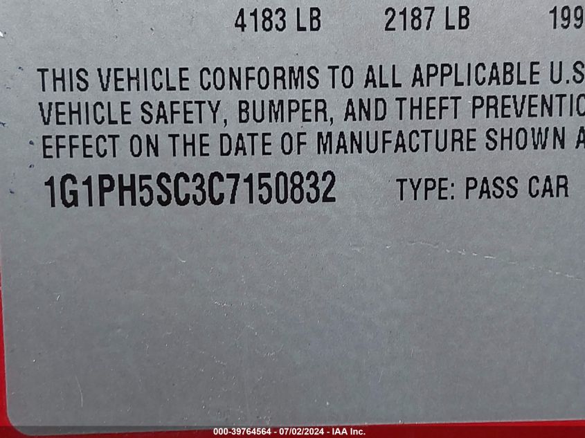 2012 Chevrolet Cruze Ltz VIN: 1G1PH5SC3C7150832 Lot: 39764564