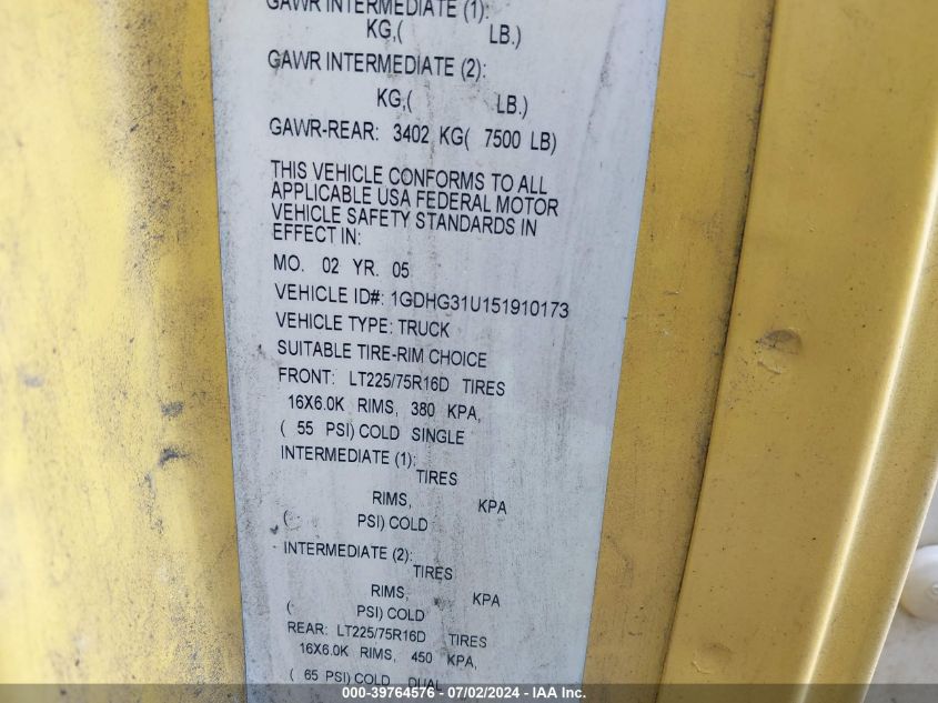 2005 GMC Savana Cutaway G3500 VIN: 1GDHG31U151910173 Lot: 39764576