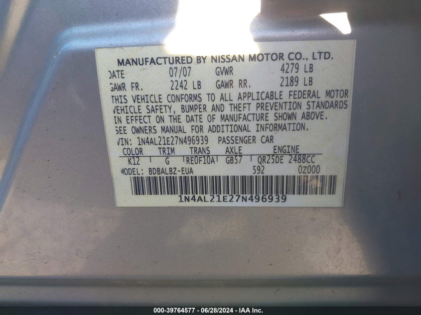 2007 Nissan Altima 2.5/2.5S VIN: 1N4AL21E27N496939 Lot: 39764577