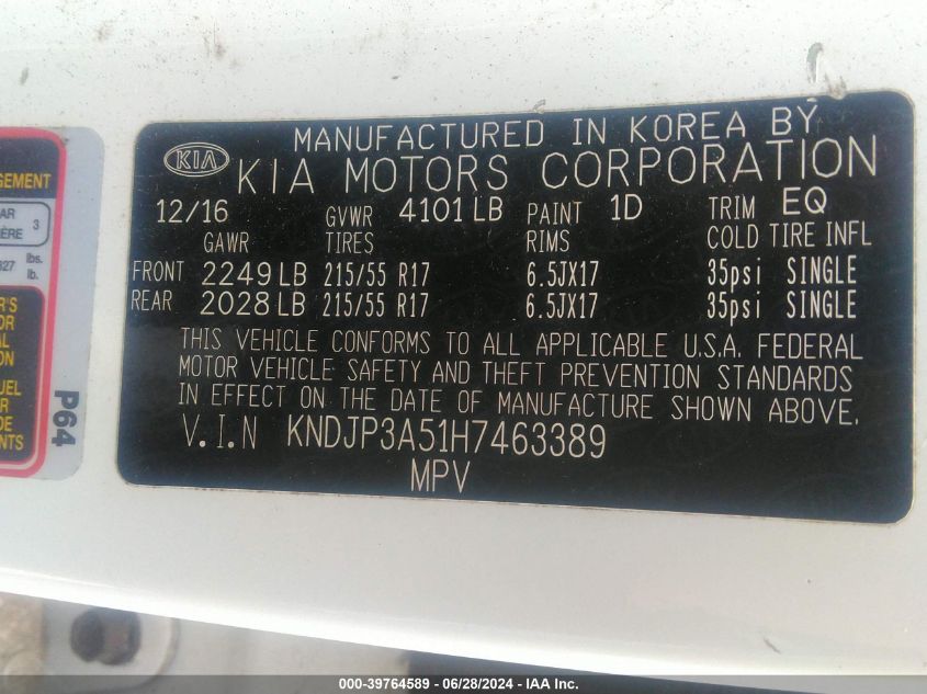 2017 Kia Soul + VIN: KNDJP3A51H7463389 Lot: 39764589