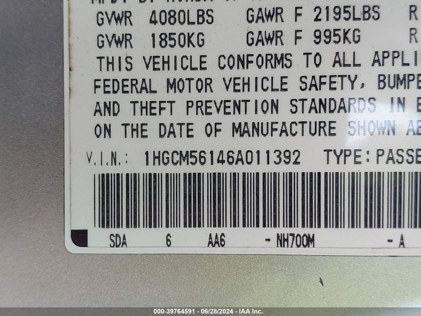 2006 Honda Accord 2.4 Vp VIN: 1HGCM56146A011392 Lot: 39764591