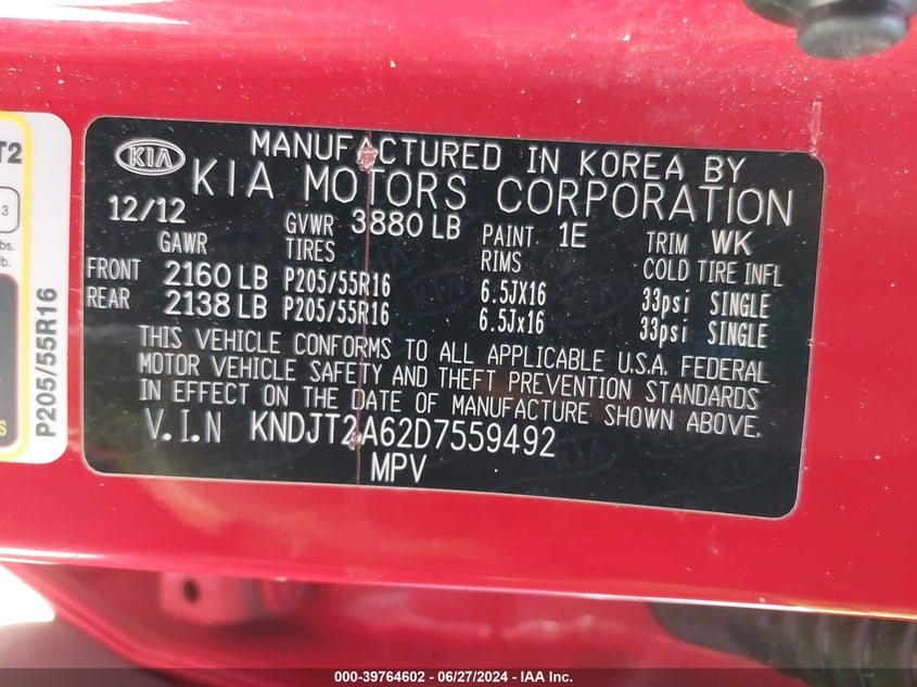 2013 Kia Soul + VIN: KNDJT2A62D7559492 Lot: 39764602