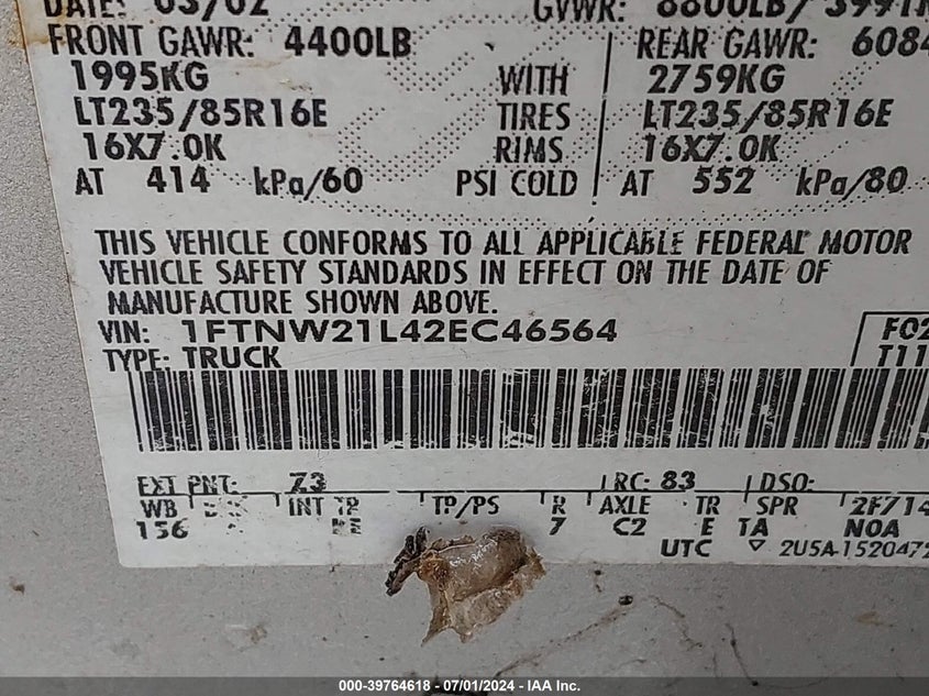 2002 Ford F-250 Lariat/Xl/Xlt VIN: 1FTNW21L42EC46564 Lot: 39764618