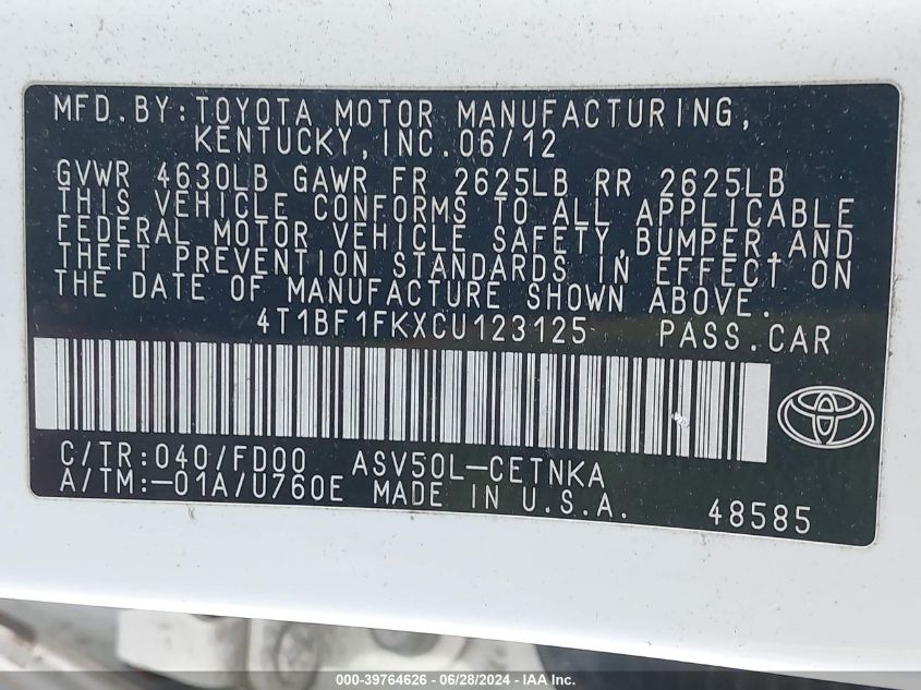 2012 Toyota Camry Le VIN: 4T1BF1FKXCU123125 Lot: 39764626