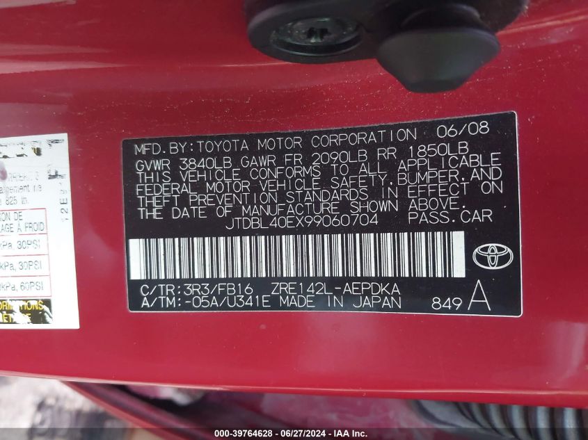 2009 Toyota Corolla Le VIN: JTDBL40EX99060704 Lot: 39764628