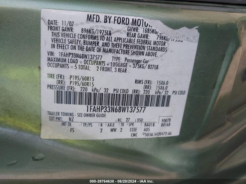 1FAHP33N68W137577 2008 Ford Focus Se/Ses