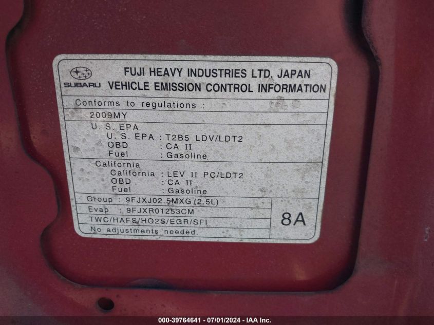 2009 Subaru Forester 2.5X VIN: JF2SH61649H740075 Lot: 39764641