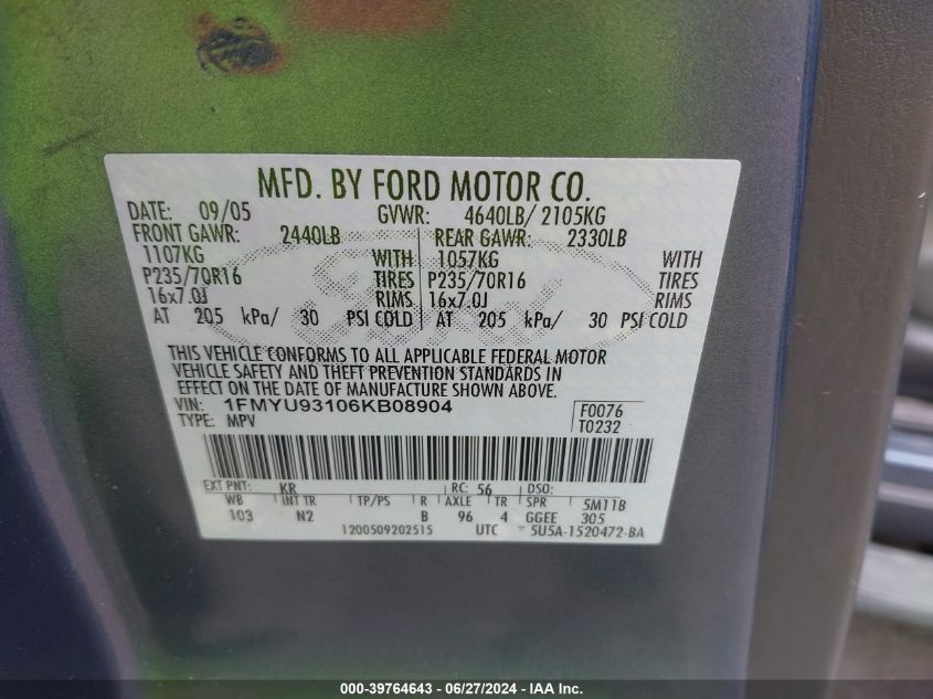 2006 Ford Escape Xlt/Xlt Sport VIN: 1FMYU93106KB08904 Lot: 39764643