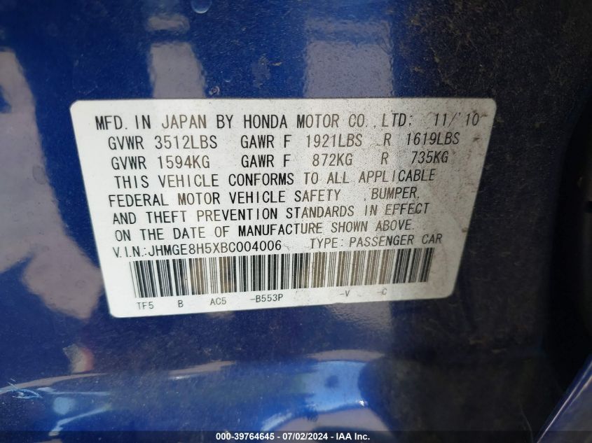 2011 Honda Fit Sport VIN: JHMGE8H5XBC004006 Lot: 39764645