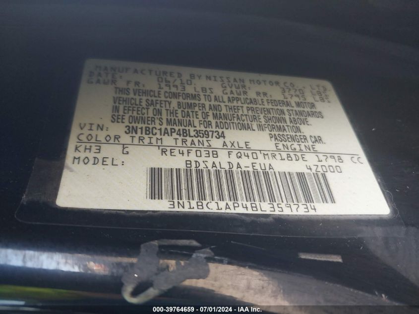 2011 Nissan Versa 1.8S VIN: 3N1BC1AP4BL359734 Lot: 39764659