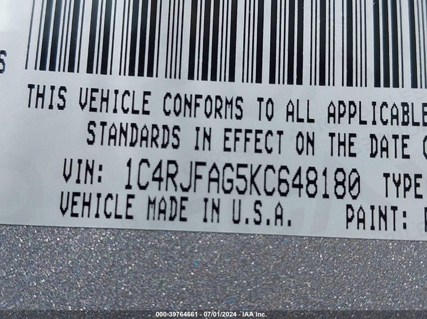 2019 Jeep Grand Cherokee Laredo E 4X4 VIN: 1C4RJFAG5KC648180 Lot: 39764661
