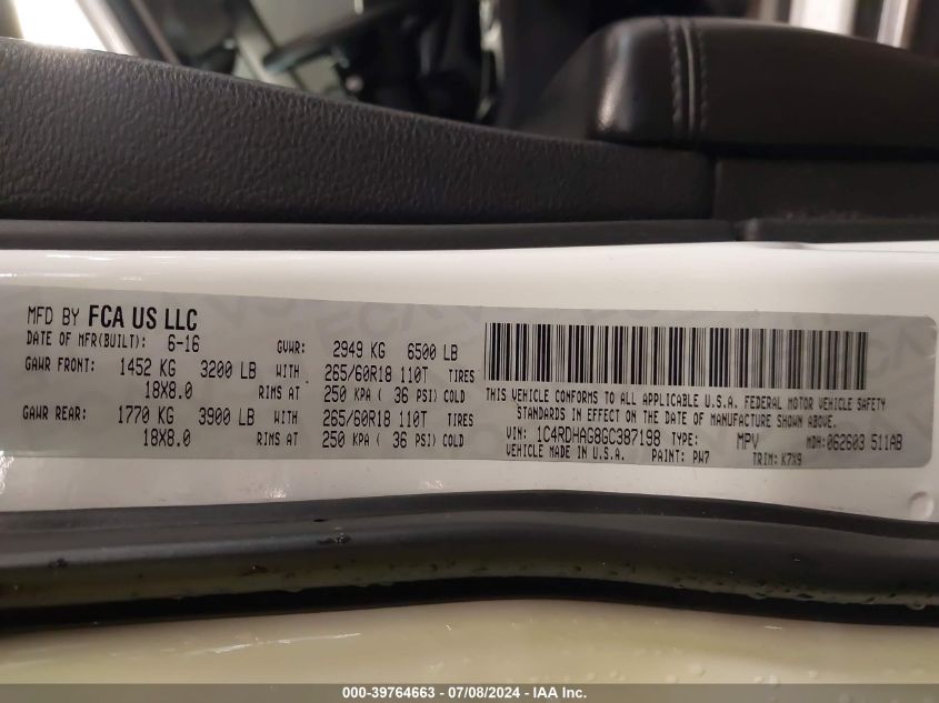 2016 DODGE DURANGO SXT - 1C4RDHAG8GC387198