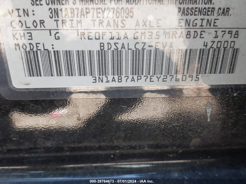 2014 Nissan Sentra S VIN: 3N1AB7AP7EY276095 Lot: 39764673