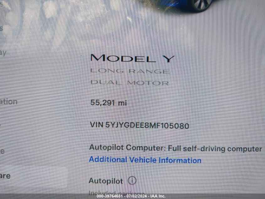 2021 Tesla Model Y Long Range Dual Motor All-Wheel Drive VIN: 5YJYGDEE8MF105080 Lot: 39764681