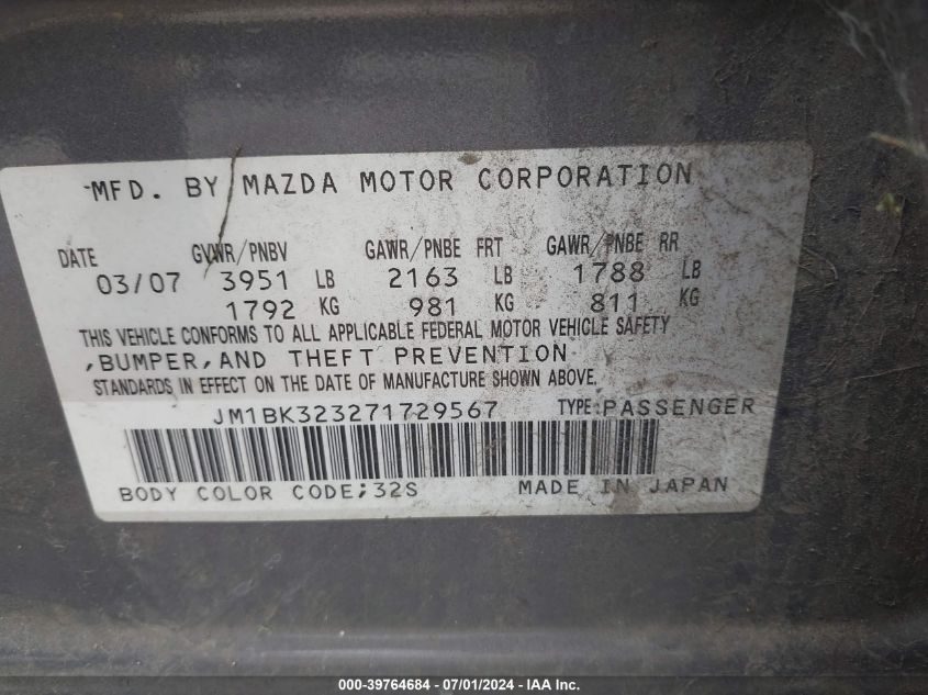 2007 Mazda Mazda3 S Grand Touring VIN: JM1BK323271729567 Lot: 39764684