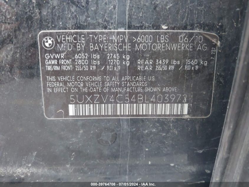 2011 BMW X5 xDrive35I/xDrive35I Premium/xDrive35I Sport Activity VIN: 5UXZV4C54BL403972 Lot: 39764708