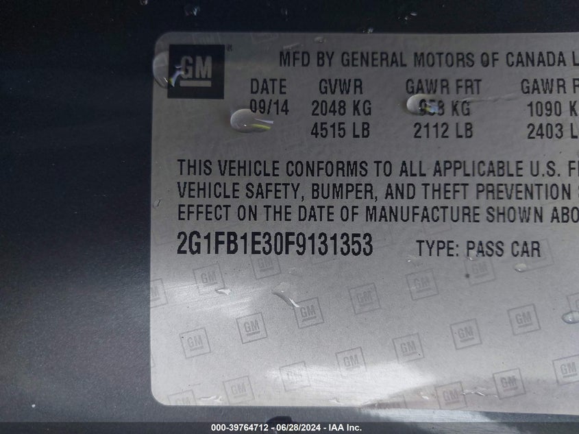 2015 Chevrolet Camaro Ls VIN: 2G1FB1E30F9131353 Lot: 39764712
