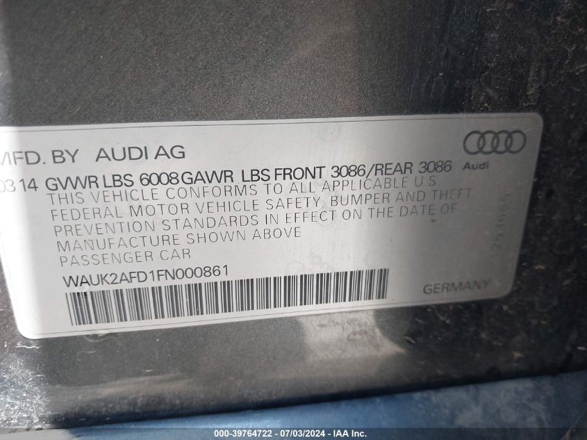 2015 Audi S8 4.0T VIN: WAUK2AFD1FN000861 Lot: 39764722