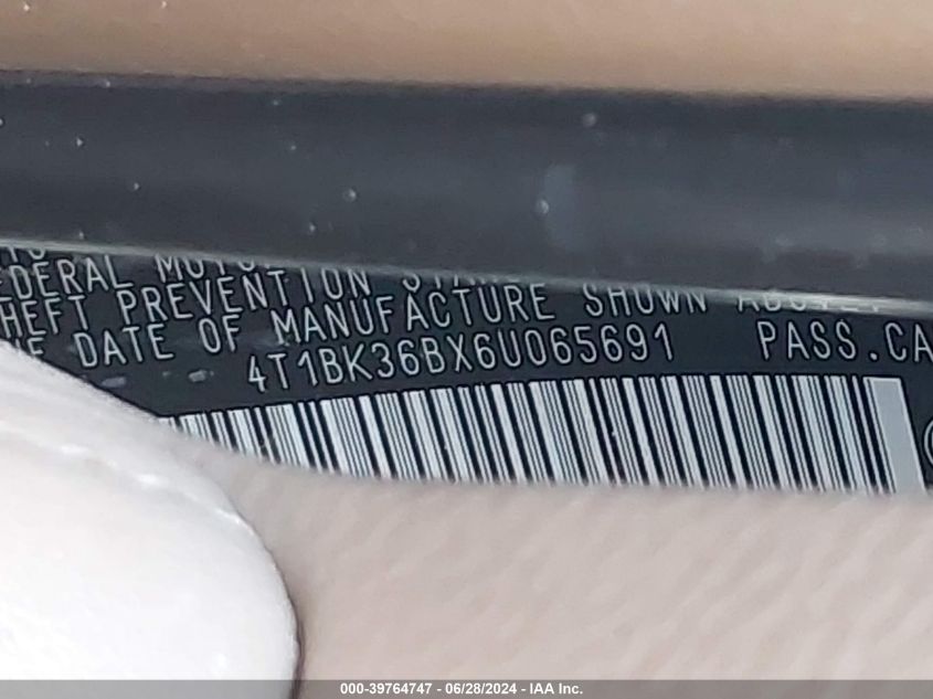 2006 Toyota Avalon Limited VIN: 4T1BK36BX6U065691 Lot: 39764747